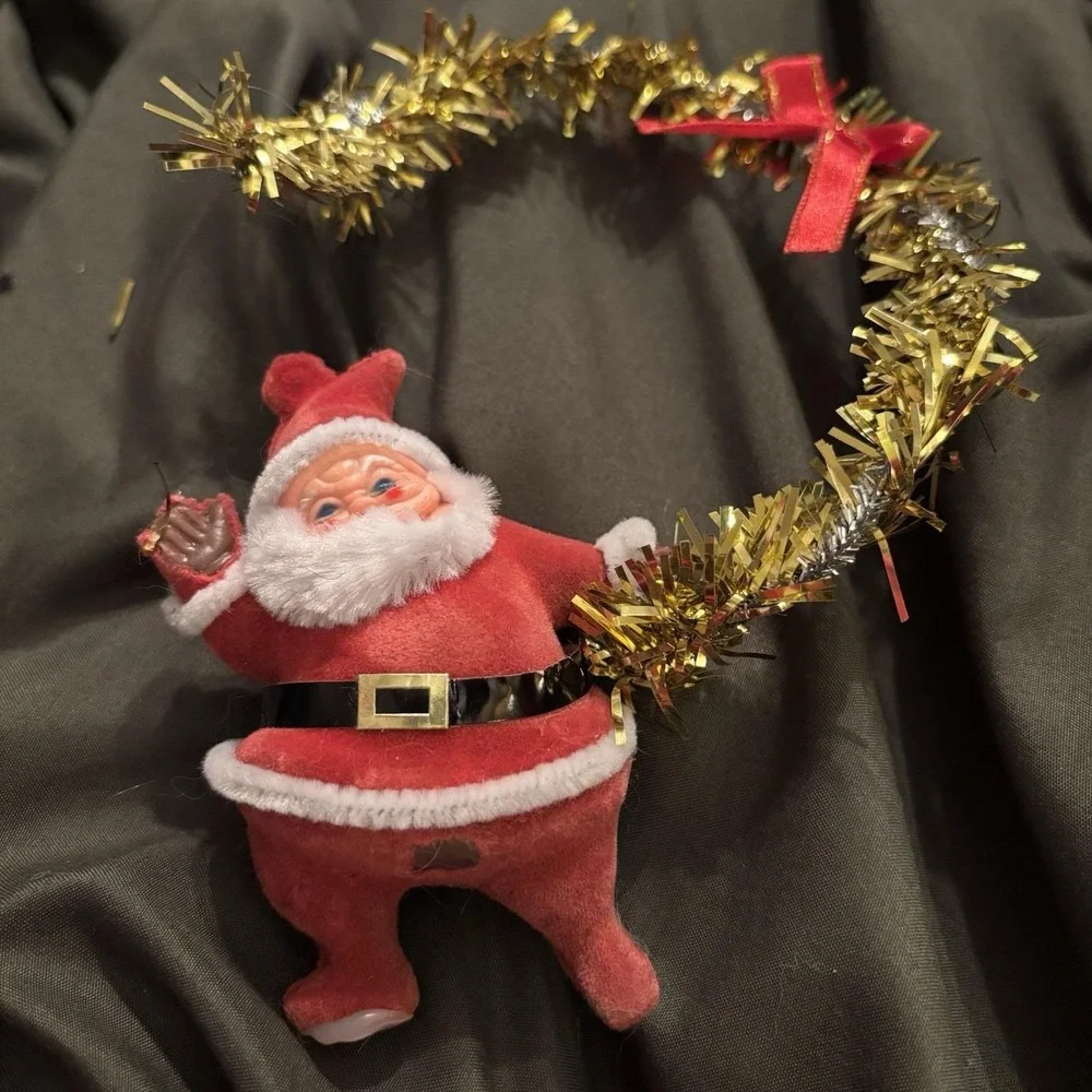 Vtg 1960s Flocked Dancing Santa Christmas Ornament Blow Mold Tinsel Door hanger‎